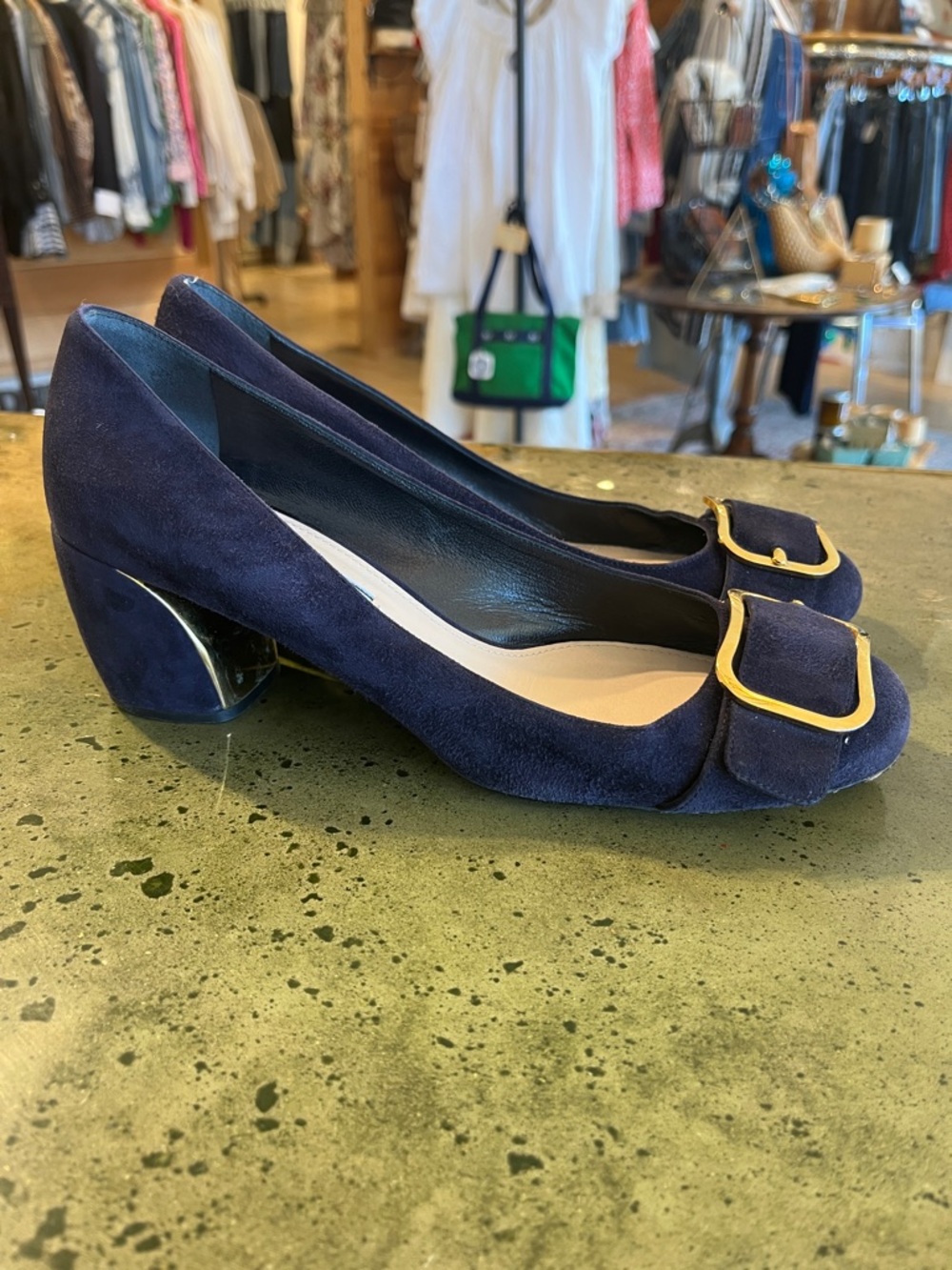 Prada Navy Suede Heels with Gold Buckle Accent - Picture 2 of 6